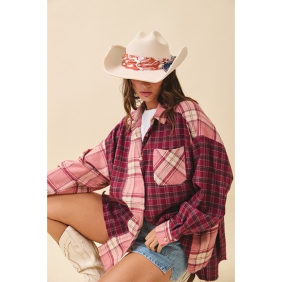 Pink Mauve Kambrie Button Down Plaid Patchwork Flannel Casual Shirt - Picture 5 of 8